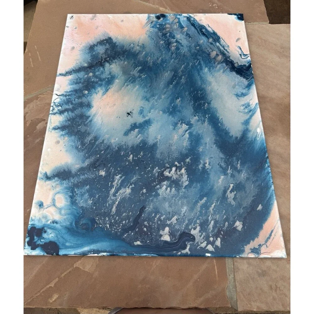 Original Abstract Painting Blue & Blush Pink Coastal Forest Wall Art – 24” x 30”